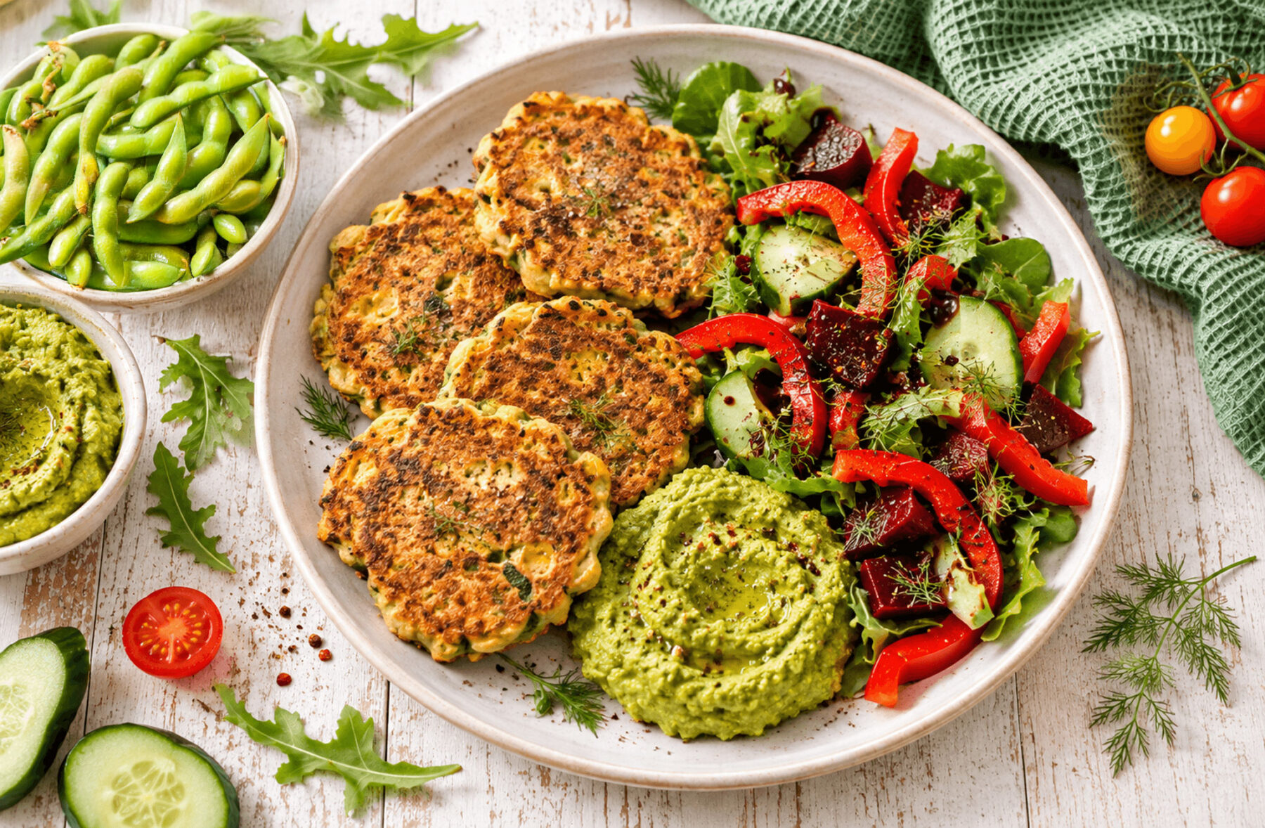 Chickpea and Courgette Fritters with Do Goodly Smashed Pea Guacamole